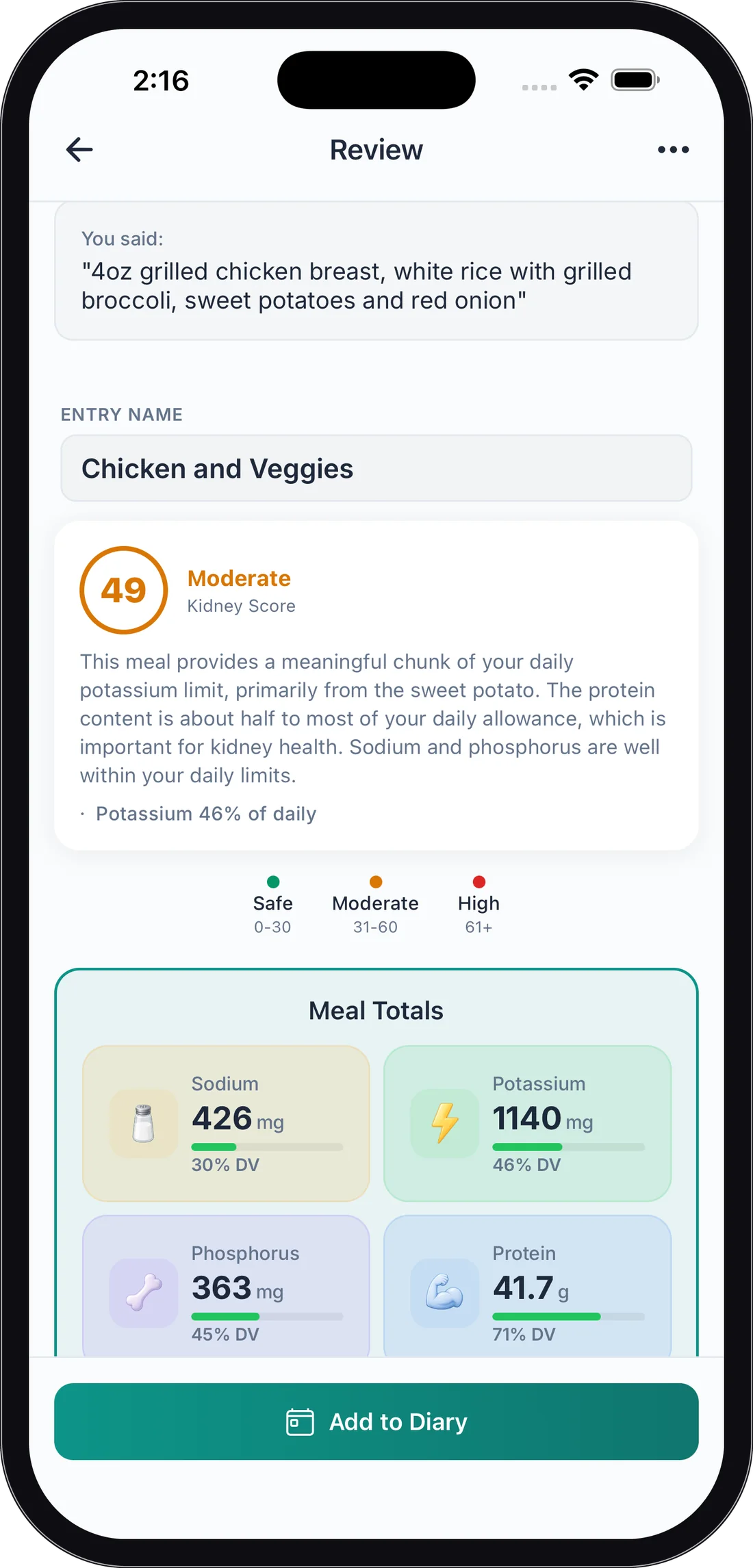 Liverly review screen for the same meal: Chicken and Veggies, Liver Score 49 moderate, with added sugar, saturated fat, calorie, and fiber totals