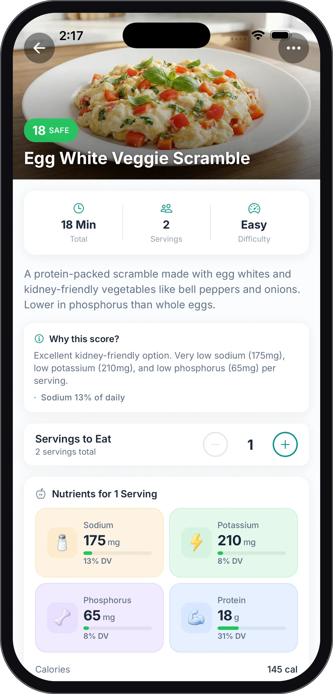 Liverly recipe screen for a Mediterranean veggie scramble scored 18 — safe — with a why-this-score explanation and per-serving nutrients
