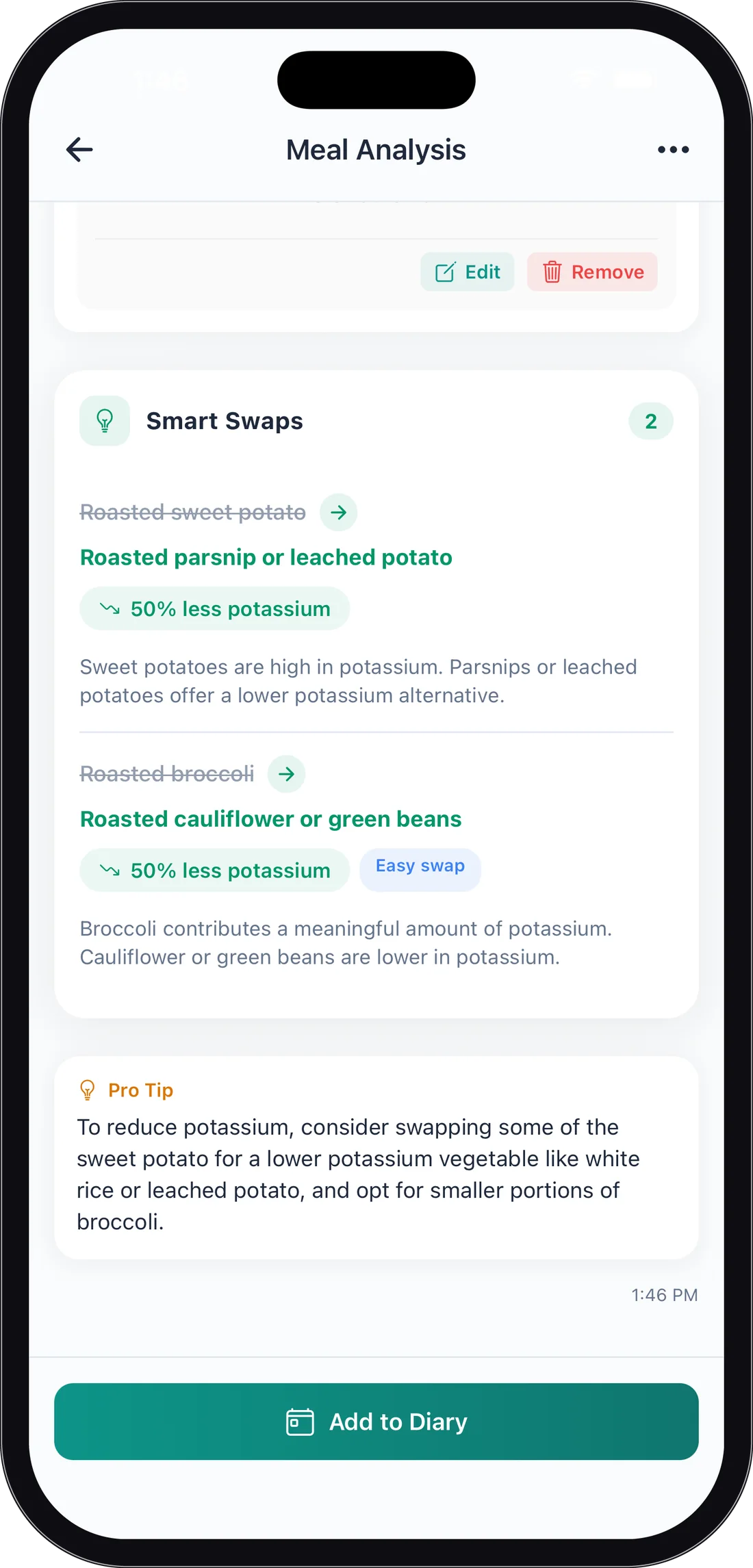 Liverly Smart Swaps screen suggesting sparkling water instead of soda and a lighter glaze instead of teriyaki sauce, each with the added sugar it saves