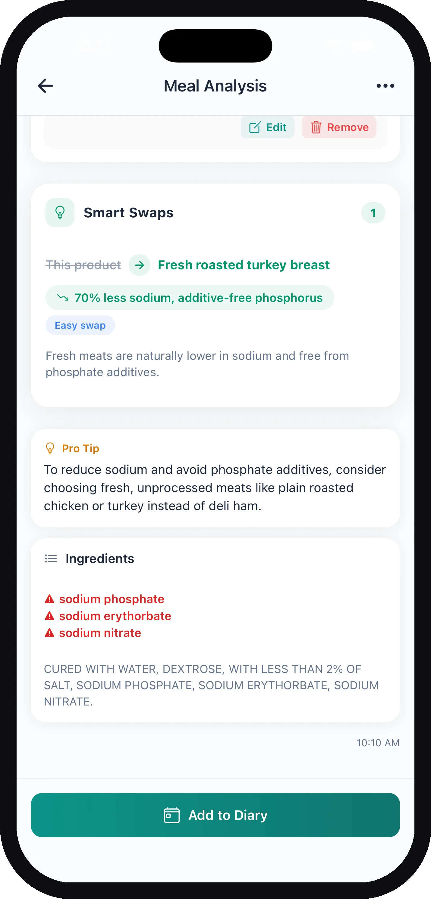 The Ingredients section of a label scan with corn syrup, fruit juice concentrate, and partially hydrogenated oil each flagged in red with a warning icon, above the original ingredient text