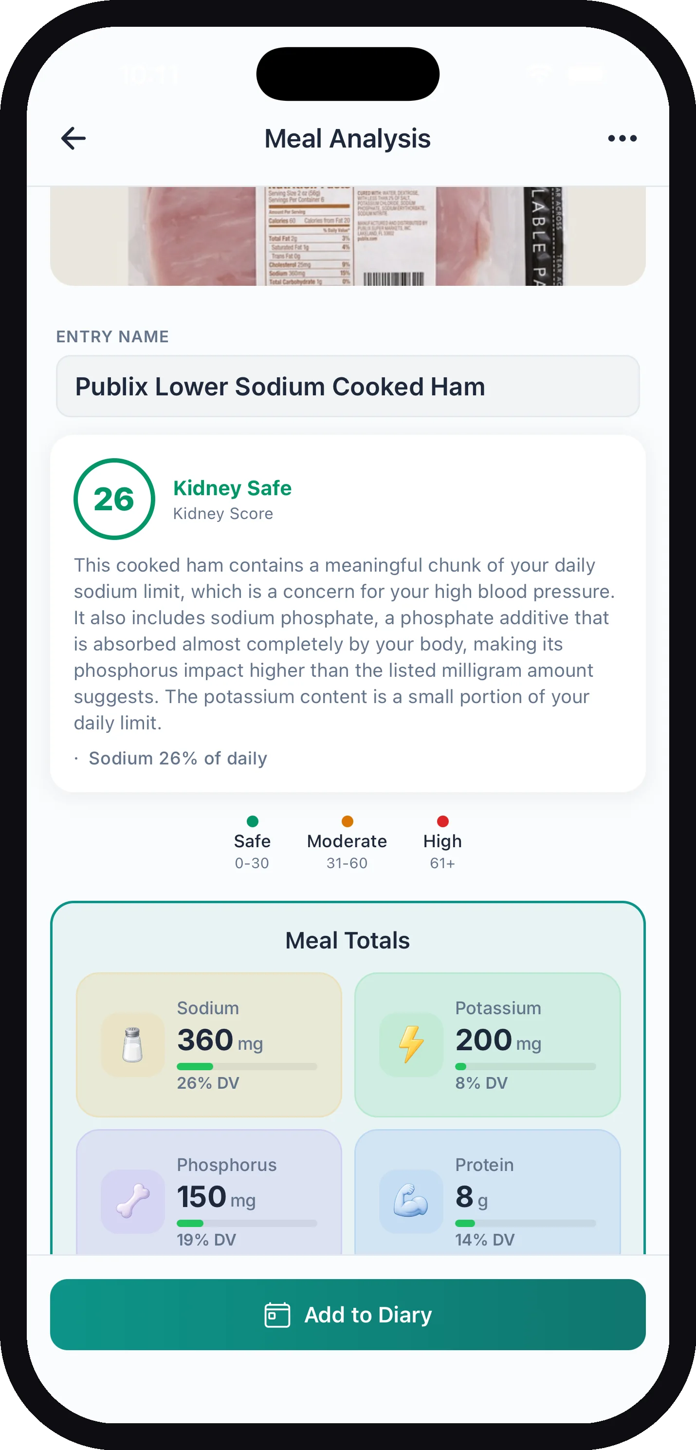 A label scan result for a breakfast cereal showing a Liver Score of 26, Liver Safe, with the explanation and Meal Totals for added sugar and saturated fat against the daily budgets