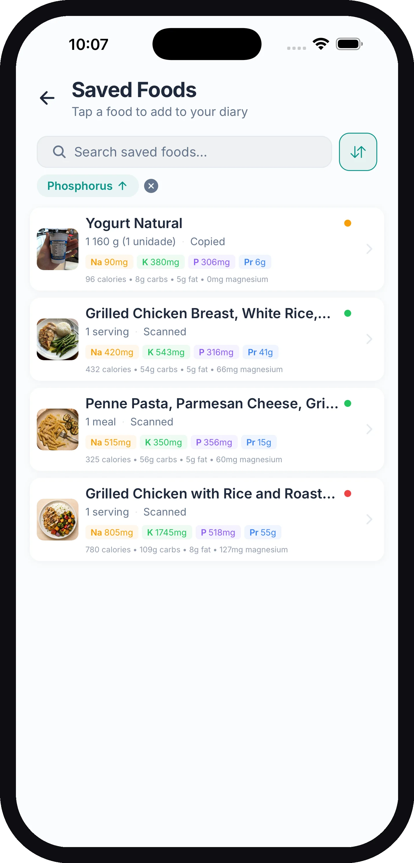The Saved Foods library with a search bar, a sort filter, and several saved foods each showing a safety dot and its added sugar, saturated fat, calories, and fiber