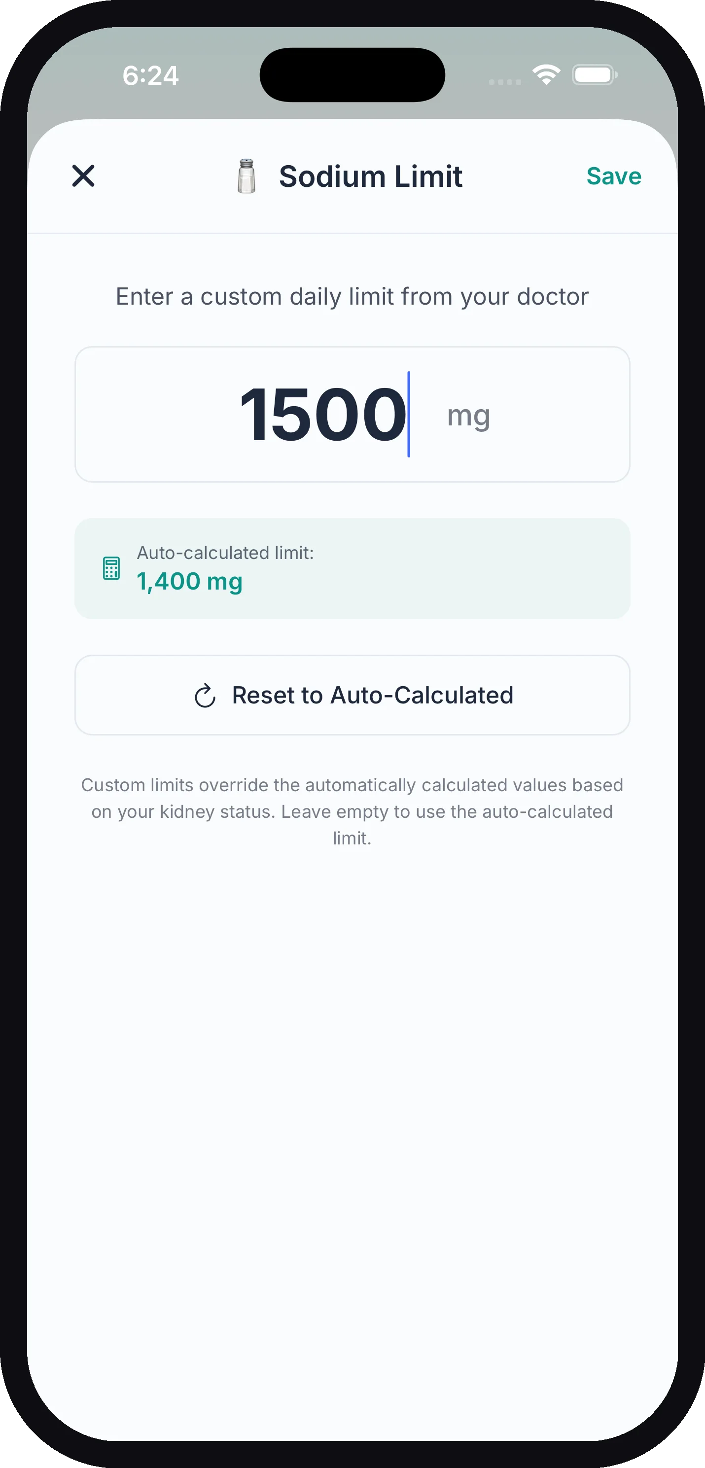 The Added Sugar editor with a custom value entered, the auto-calculated budget shown below, and a Reset to Auto-Calculated button
