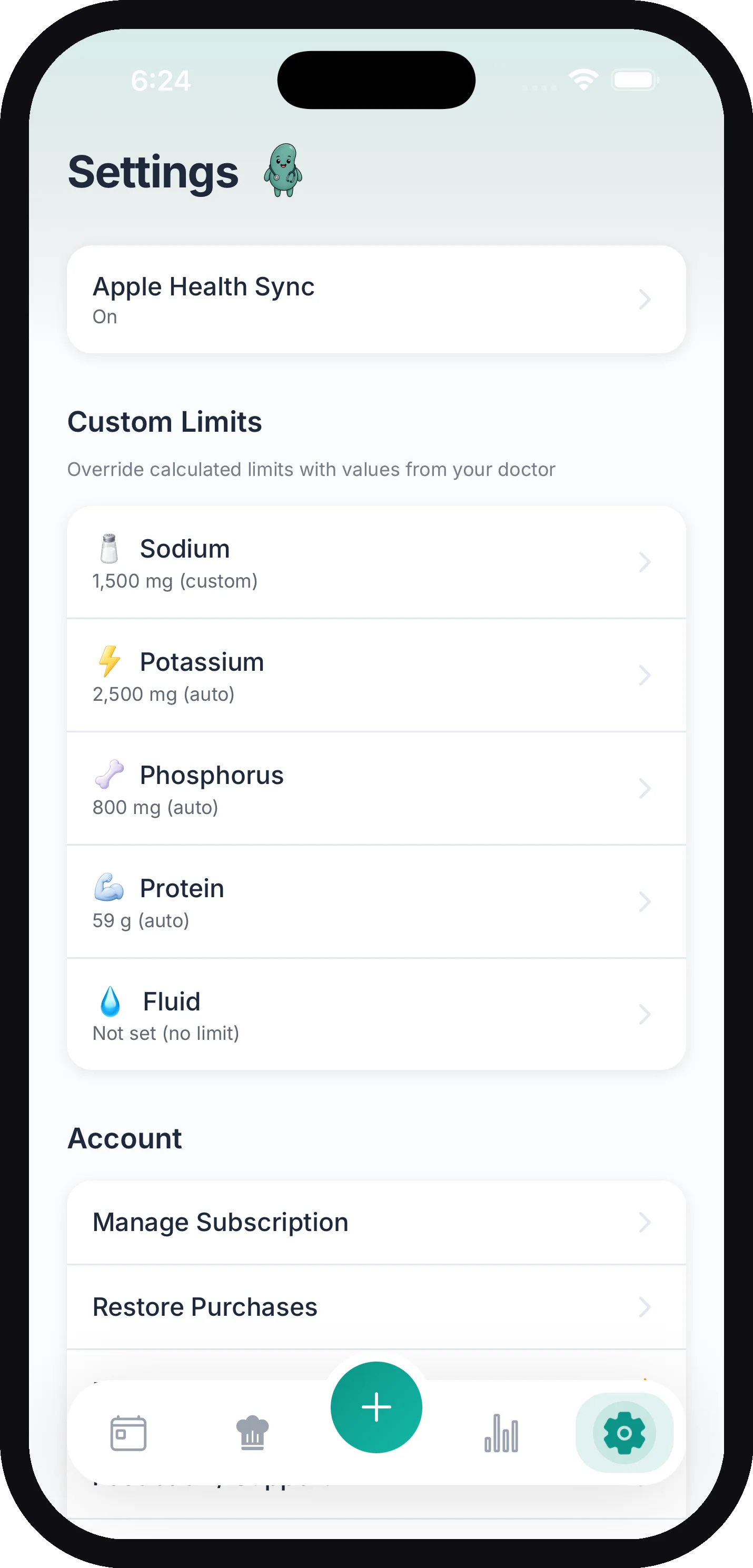 The Custom Limits section in Settings with added sugar set to a custom 25 g and the other nutrients on auto