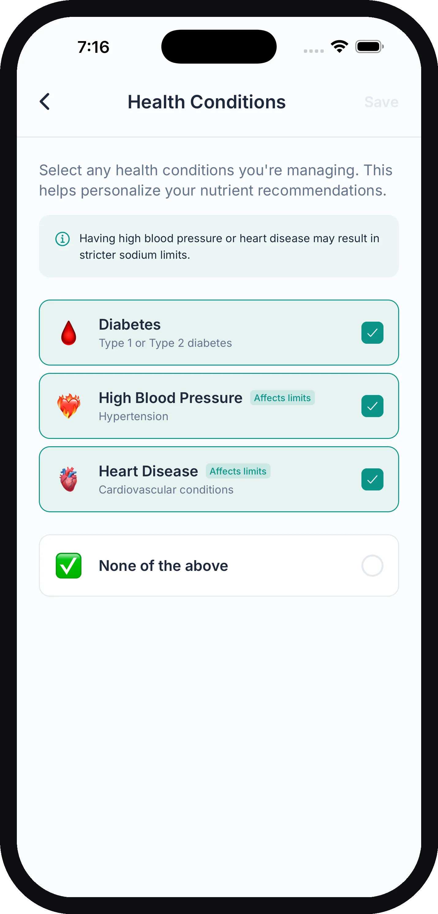 The Health Conditions screen with Type 2 Diabetes, High Cholesterol, and High Blood Pressure selected