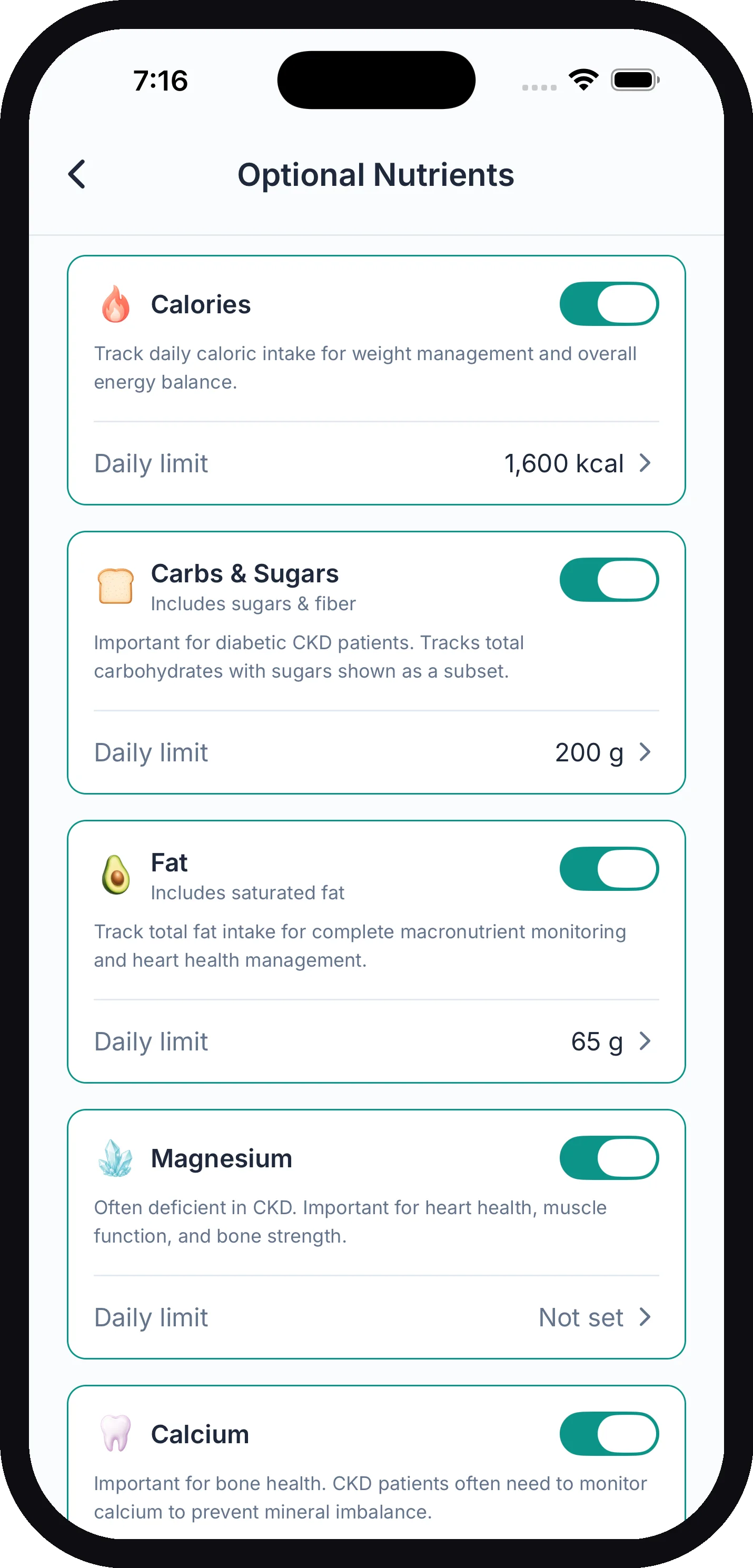 The Optional Nutrients screen with Carbs and Sugars, Total Fat, and Cholesterol toggled on, each with a daily limit row