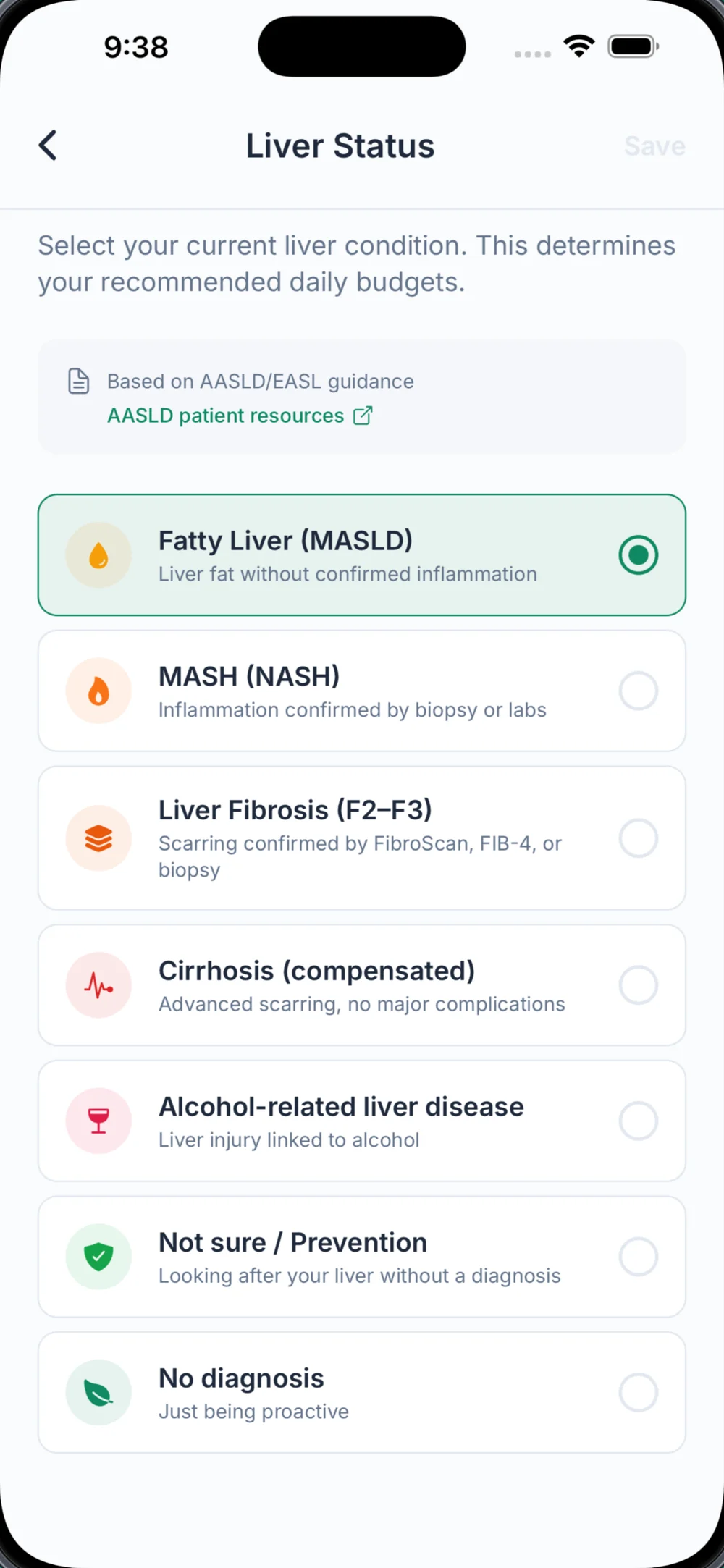 Liverly's liver status screen with fatty liver (MASLD), MASH, fibrosis, cirrhosis, alcohol-related liver disease and not sure as options