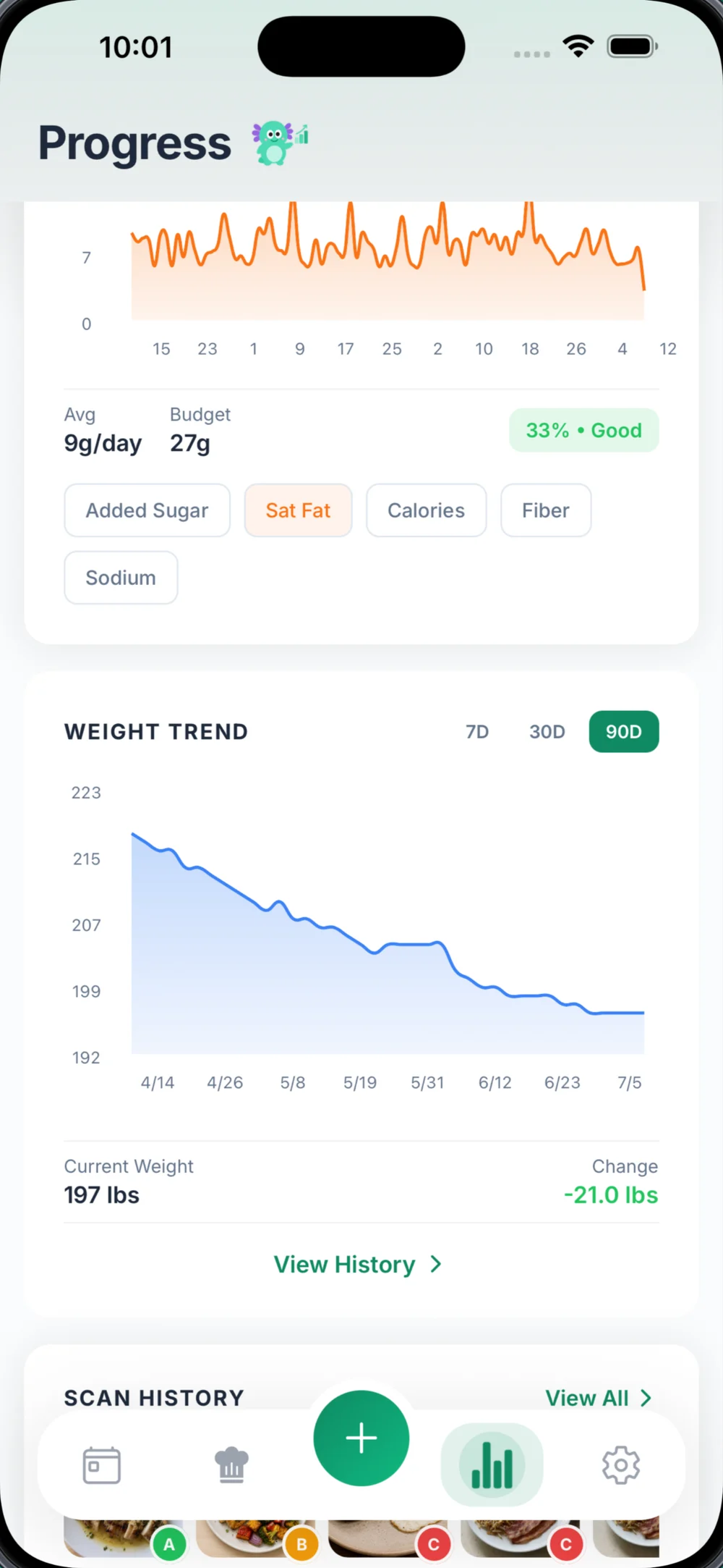 Liverly progress screen with a 90-day weight trend falling from 223 to 197 pounds