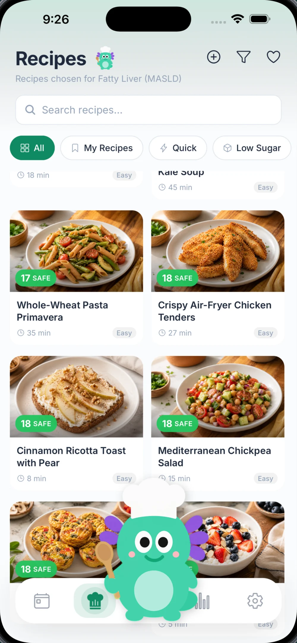 Liverly recipes chosen for fatty liver: pasta primavera, air-fryer chicken tenders, ricotta toast and chickpea salad, each marked safe